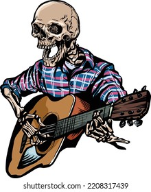 Skeleton musician is playing a guitar tattoo vintage unique art style t shirt colorful