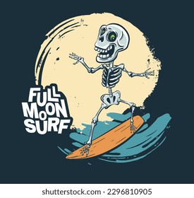 Skeleton night surfer cool summer t-shirt print. Skull bones midnight ride surfboard on big wave. Full moon surf s logan. Monster beach funny child wear illustration. Tropical sea surf sport kids