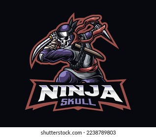 Skeleton ninja mascot logo design. Skull ninja vector illustration. Logo illustration for mascot or symbol and identity, emblem sports or e-sports gaming team