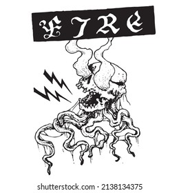 Skeleton octopus black and white design with FIRE font.