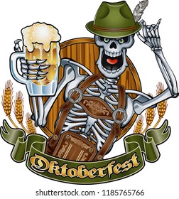 skeleton in oktoberfest outfit holding beer glass