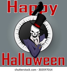 Skeleton in old clothes with a crow on his head. Illustration easy to edit and use for design other themed illustration or party invitation. Vector