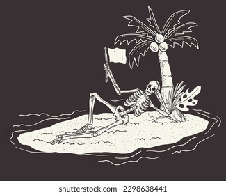 Skeleton on the beach. Hand drawn vector illustration in sketch style