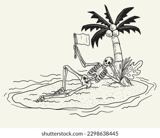 Skeleton on the beach. Hand drawn vector illustration in sketch style