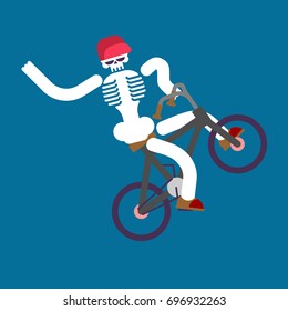 Skeleton on bicycle. Skull and BMX. Boy skeletons rolling bike