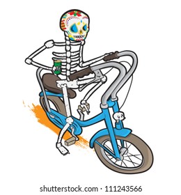 Skeleton on a bike with a beer.