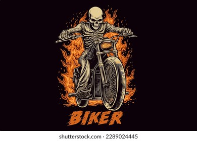 Skeleton on a bike vector vintage illustration for t-shirt.