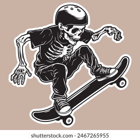 A skeleton on a skate in a helmet and sneakers. Graphic black and white tattoo force. Sticker, T-shirt print, poster. With white outline for cutting, isolated