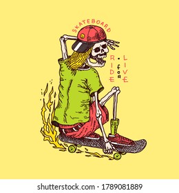 Skeleton on a skateboard label for typography. Vintage retro Ride on the boards concept. Template for t-shirt and logo. Hand Drawn engraved sketch for shop, skate club or tattoo.