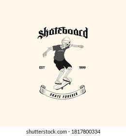 Skeleton on skateboard vector design template for label, t-shirt, sticker. Skeleton ride on board concept with hand drawn, engraved style using for shop, skate club or tattoo.