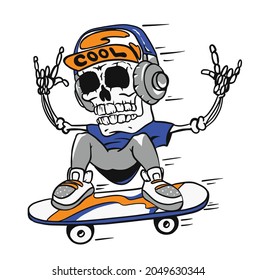 The skeleton on the skateboard. Vector of skull riding skateboard.