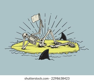 Skeleton on a surfboard. Vector illustration in sketch style
