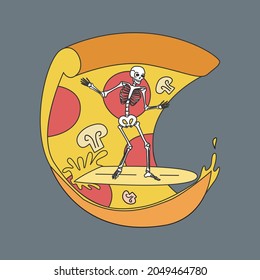 Un squelette sur une planche de surf sous la forme d'une tranche de pizza. Illustration vectorielle à plat dans un style rétro.