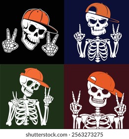 Skeleton with orange hip-hop hat, perfect for urban t-shirts and bold merchandise designs illustration Vector. ideal for merchandise, adding a bold and trendy vibe to any project