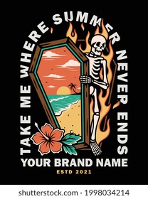 skeleton out of coffin with summer beach view and hibiscus flower. For t-shirts, stickers and other similar products.