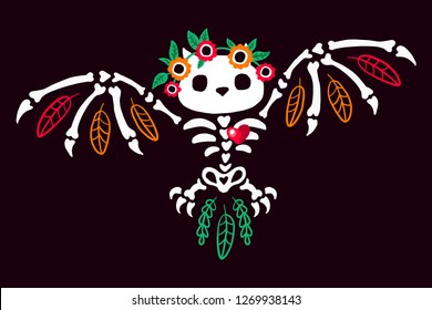 The skeleton of an owl with a floral wreath. Halloween illustration.