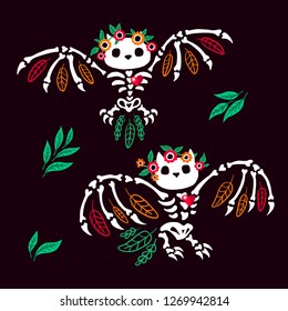 The skeleton of an owl with a floral wreath. Two little cute owls. Halloween illustration.