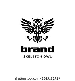 Skeleton Of Owl Logo Design.Flying Owl On Twig For Hunting Adventure Symbol