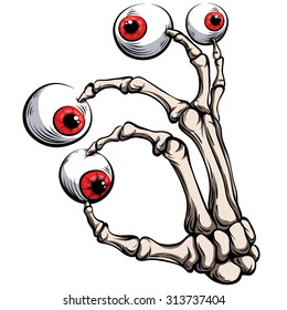 Skeleton palm with eye on white background.