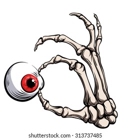 Skeleton palm with eye on white background.