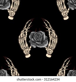 Skeleton palms with flowers on black background.