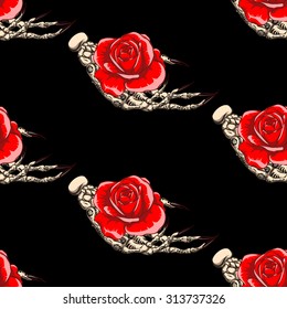 Skeleton palms with flowers on black background.