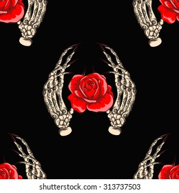 Skeleton palms with flowers on black background.Seamless pattern background.