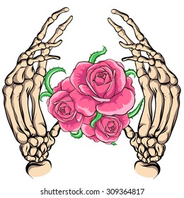 Skeleton palms with flowers on white background.