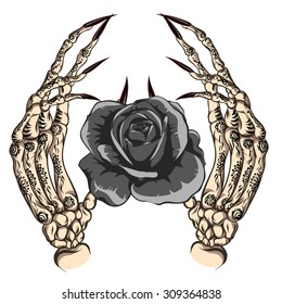 Skeleton palms with flowers on white background.