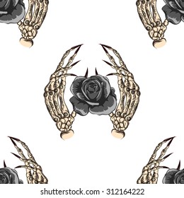Skeleton palms with flowers on white background.