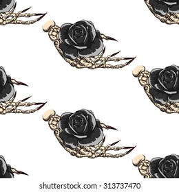 Skeleton palms with flowers on white background.Seamless pattern background.