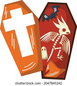 the skeleton of a Parrot in a coffin. Fun Halloween Picture. Vector Illustration