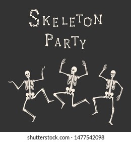 Skeleton Party. Dancing human skeletons. Happy Halloween. White skeleton silhouettes isolated on black background. Vector illustration