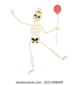 skeleton with party hat and balloon isolated