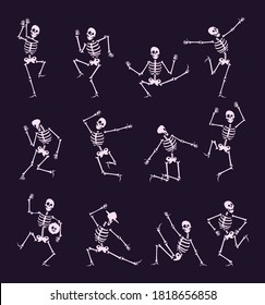 Skeleton party. Undead with skull and bones halloween dancer in funny poses vector characters collection