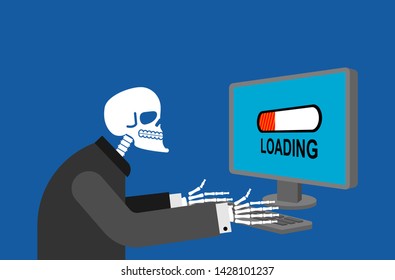 Skeleton And PC Long Loading. Slow Work Computer Froze Vector Illustration
