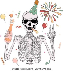 Skeleton Peace Hands Champage, Retro Happy New Year 2024. Retro Party Element, Stilelemente der 70er Jahre