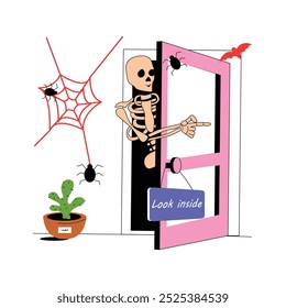 Un esqueleto se asoma a través de una puerta decorada con telarañas y plantas