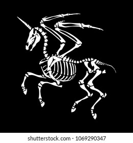 Skeleton Pegasus Unicorn on a black background. Great for tattoo or print on a T-shirt. Ideal for decoration of Halloween and the Day of the Dead.