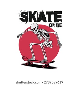 A skeleton performs a skateboarding trick against a red circle, with 'Skate or Die' text, ideal for edgy graphics.