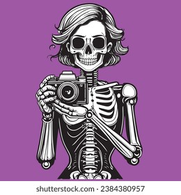 skeleton photographer holding camera selfie