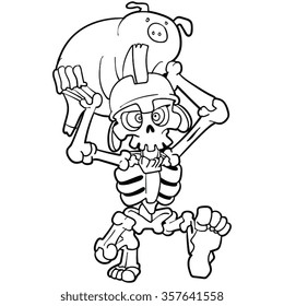 skeleton with pig cartoon black and white ,line art vector