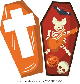 the skeleton of a Pig in a coffin. Fun Halloween Picture. Vector Illustration
