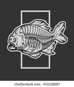 Skeleton piranha and a geometric element on a dark background.