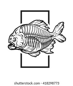 Skeleton piranhas on background of geometric elements.