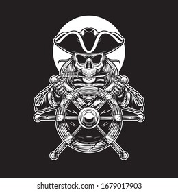 Skeleton pirate captain with knife in his mouth
