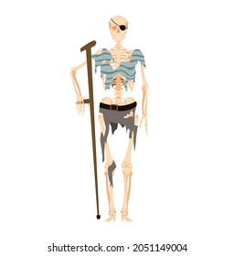 Skeleton pirate with crutch. Dead corsair warrior with combat injuries and eye patch stands leaning on long vector stick.