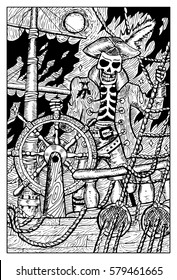 Skeleton Pirate and the Flying Dutchman. Fantasy creatures collection. Hand drawn vector illustration. Engraved line art drawing, black and white doodle