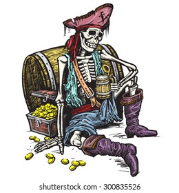 A skeleton pirate holding a mug of beer. There are the treasure chest of gold near him. Vector.