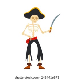 Skeleton of a pirate with a saber in a flat style on a white background. Cartoon kids pirate character.